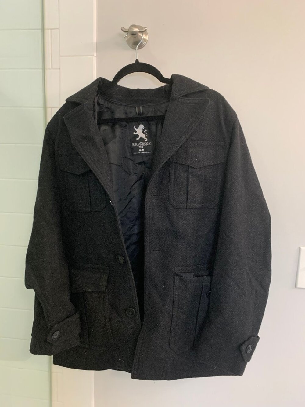 Express Coat Mens Medium Navy Wool Herringbone Military Jacket